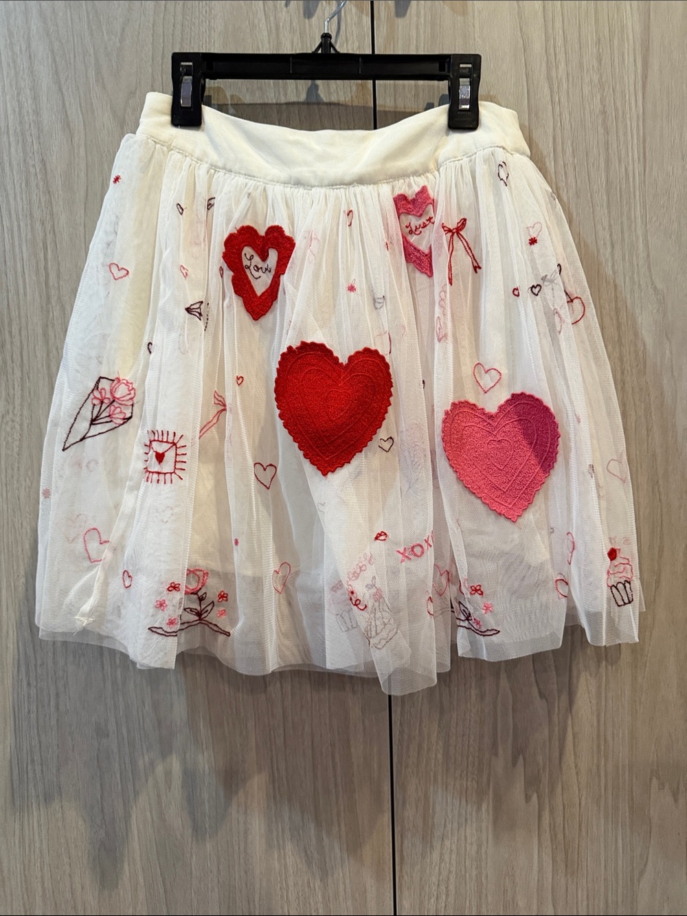 Free People White Tulle Skirt with Red & Pink Heart Appliqués